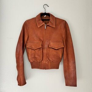 Helmut Lang Cognac Leather Bomber Jacket